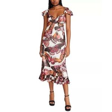 Betsey Johnson Pepper Butterfly Print Midi Dress XL Pink Orange Ruffle Smocked