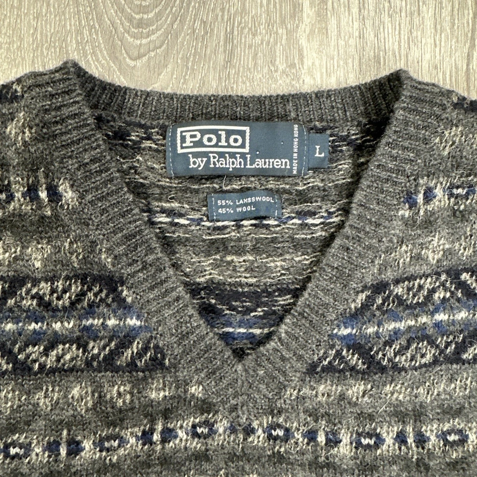 Polo Ralph Lauren Sweater Vest Mens L Gray Lambswool Fair Isle Knit V Neck VTG - Image 2 of 4