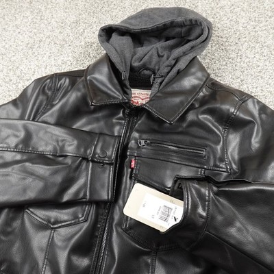 NEW Levis Jacket Mens LT Black Faux Leather Sherpa Lined Hooded Trucker Coat Zip