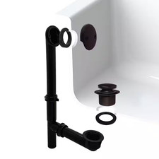 14 In. Black Poly Bath Waste Overflow with Tip-Toe Drain Plug and 2-Hole Facep