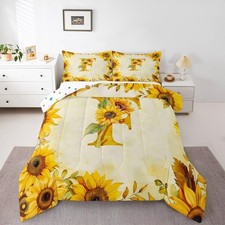 Floral Print Comforter Set Full Size Yellow Initial F Bedding Set for Kids Boys