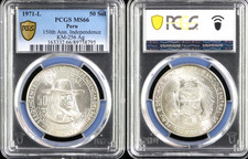 1971-L PERU 50 Sol 150th Ann Independence PCGS MS 66-SEE STORE WW2 MEDALS -PCGS