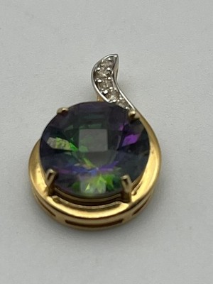 14K massiver Gelbgold Mystic Topas und Diamant Anhänger 21,8mm x 14,5mm 3,35 gr