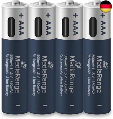 MediaRange Wiederaufladbare USB-C Li-Ion Batterien, Micro AAA I 1.5V I 500mAh,