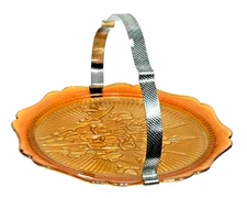 Jeanette Glass Iris & Herringbone Pattern Marigold 12" ServingPlate Handle READ