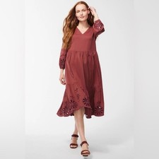 CHICO'S Rust Brown Poplin Eyelet Midi Dress Puff Sleeves Tiers Boho Prairie Sz 6