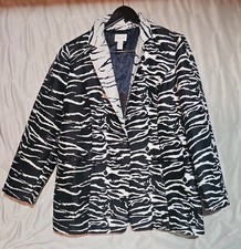 Chicos Womens Jacket Size 2 Blazer Black White Zebra Print Button Down 3