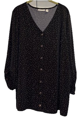 Susan Graver Polka Dot Liquid Knit 2X Button Front Tunic Black White Stretchy