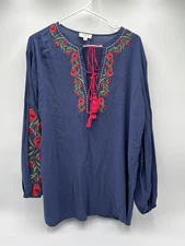 Umgee Navy Embroidered Boho Peasant Top Tassel Tie Long Sleeve Women’