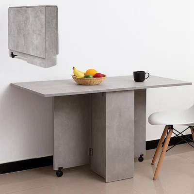 BAKAJI Tavolo da Pranzo Salvaspazio Scrivania Pieghevole con Ruote Cemento 140x75x74cm