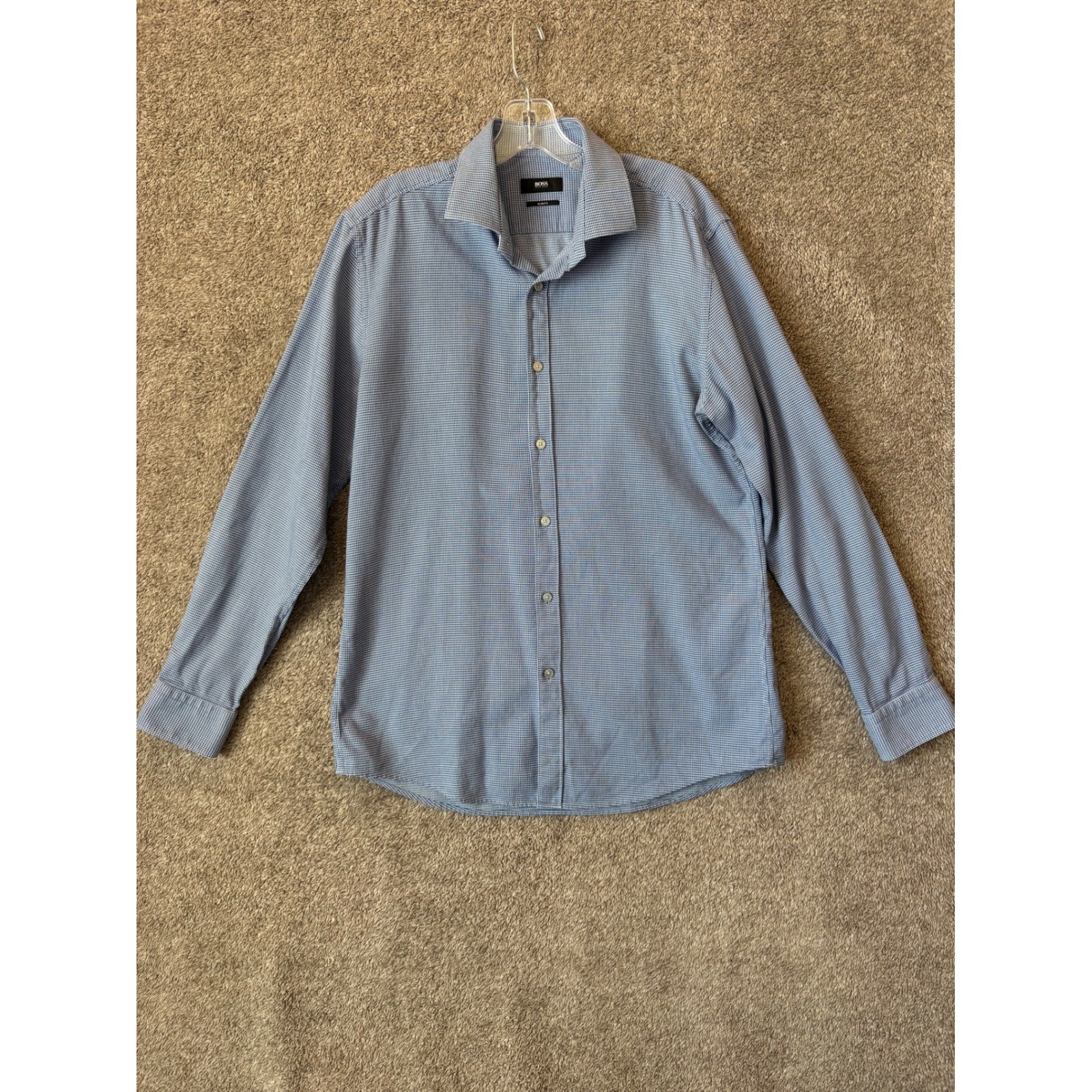 Hugo Boss Slim Fit Dress Shirt Mens Blue White Micro Check Long Sleeve