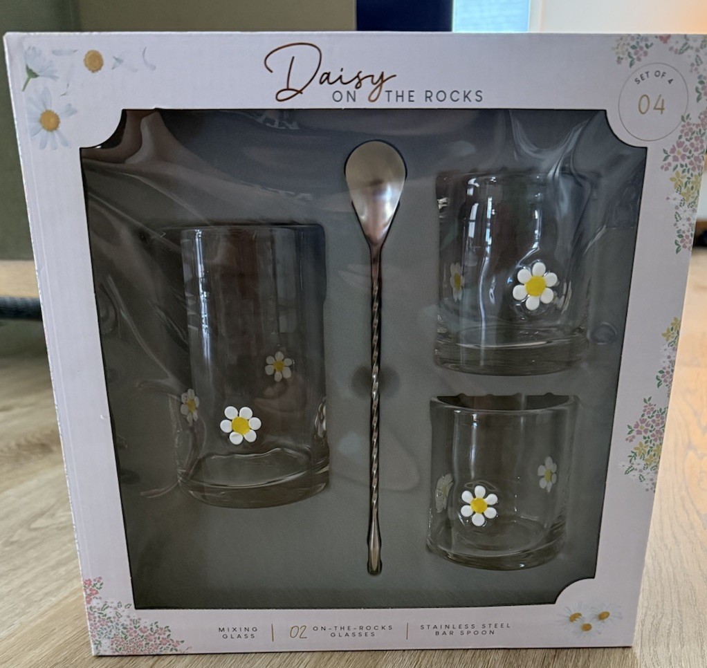 Retro Daisy Glass Set with Stir Spoon - Floral Barware - New in Box