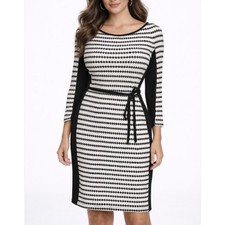 Studio One Knit Dress S Black White Diamond Striped Belted Stretch Work Career