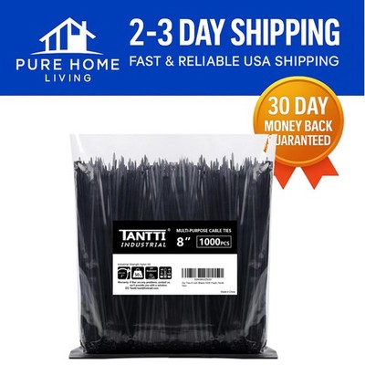 Versatile 8 Inch Black Zip Ties - Indoor & Outdoor Use, 1000 Pack, 50lb Strength