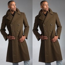 Army Green Men's Long Overcoat Double Breasted Wool Blend Jacket Peak Lapel Coat