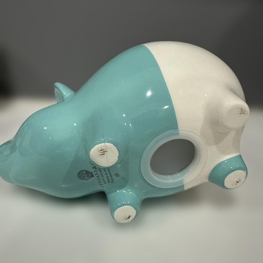 Tiffany & Co. Earthenware Color Block Blue White Piggy Bank