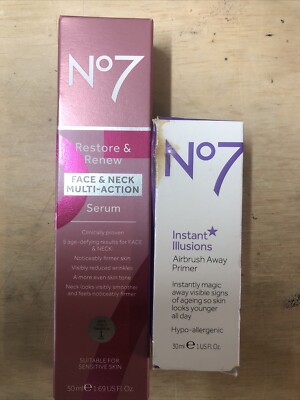No7 Restore & Renew Face Neck Multi Action Serum 50ml Boxed + Airbrush Primer