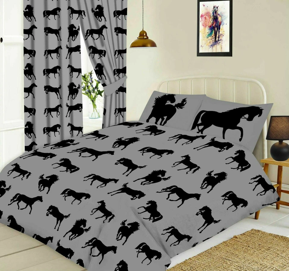 MY HOME KING SIZE DUVET COVER SET HORSES EQUESTRIAN BLACK SILVER GREY REVERSIBLE