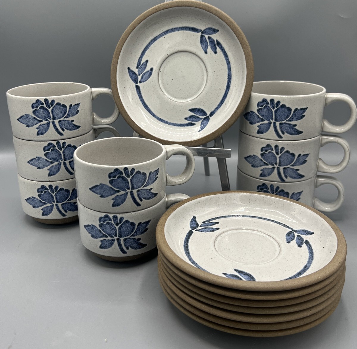MINT! Set of 8 MIDWINTER Stoneware Cups & 8 Saucers Blue