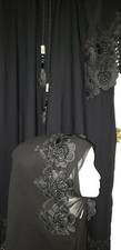 2PC. DUBAI BLACK FLOWER LACE BLACK  CRYSTAL  ABAYA GOWN KAFTON HIJAB
