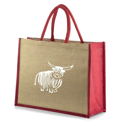 COOCOO Large Jute Hessian Red Trim Shopping Bag - White Highland Cow / Coo Design