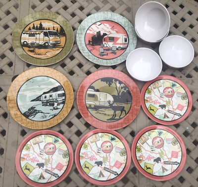 Retro Vintage Camp Casual Dinner Salad Plates Bowls Set Camping RV Kitsch  Cute
