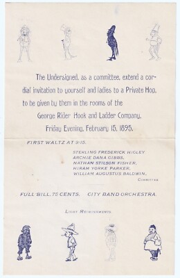 RARE Dance Hop Invitation - 1895  George Rider Hook Ladder Firemen -  Norwich NY