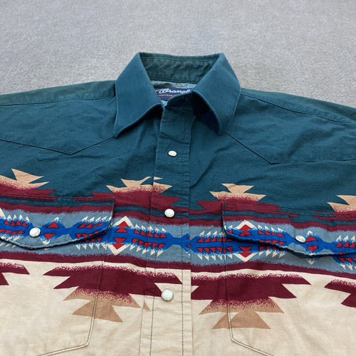 vtg Wrangler Shirt Mens Medium Aztec Striped Blue Peal Snap Western Cowboy - Picture 2 of 13