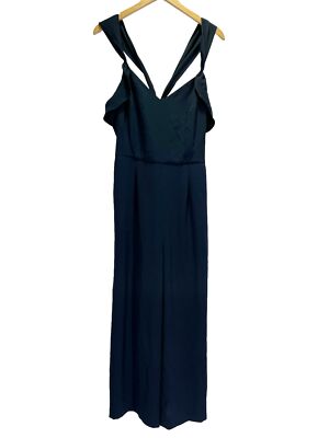 Reiss SZ 10 Blue Amika Navy Crepe Back Cutout Crop Wide Leg Jumpsuit Ruffle  Trim