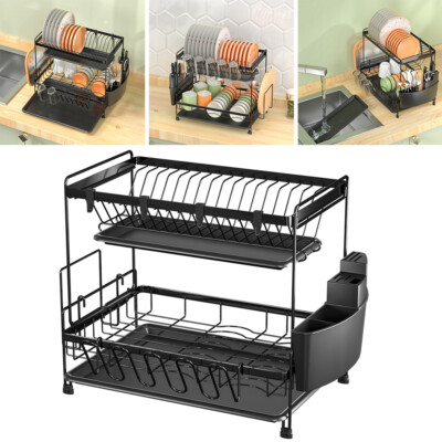 2 Layer Kitchen Dish Cup Drying Rack Drainer Dryer Tray Cutlery Holder Organizer