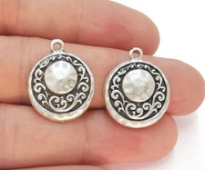 2 Pcs Flower Branch Leaf Leaves Round Dangle Charms Antique Silver Plated G22471