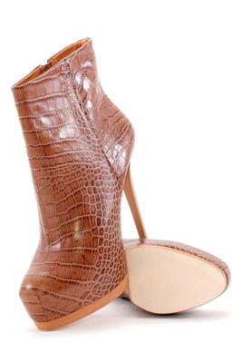 Pour La Victoire Volkova Tobacco Croc-embossed Snub stiletto ankle bootie Brown