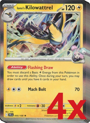 4x Iono's Kilowattrel 055/159 Holo Pokemon TCG Playset SV09: Journey Together