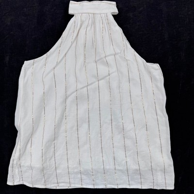 Loft XS Shimmer Crinkle Gold Metallic Pinstripe Halter Tie Back Bow Top Blouse