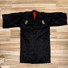 Vintage Made in Japan Black Red Satin Kimono Robe Embroidered Loungewear