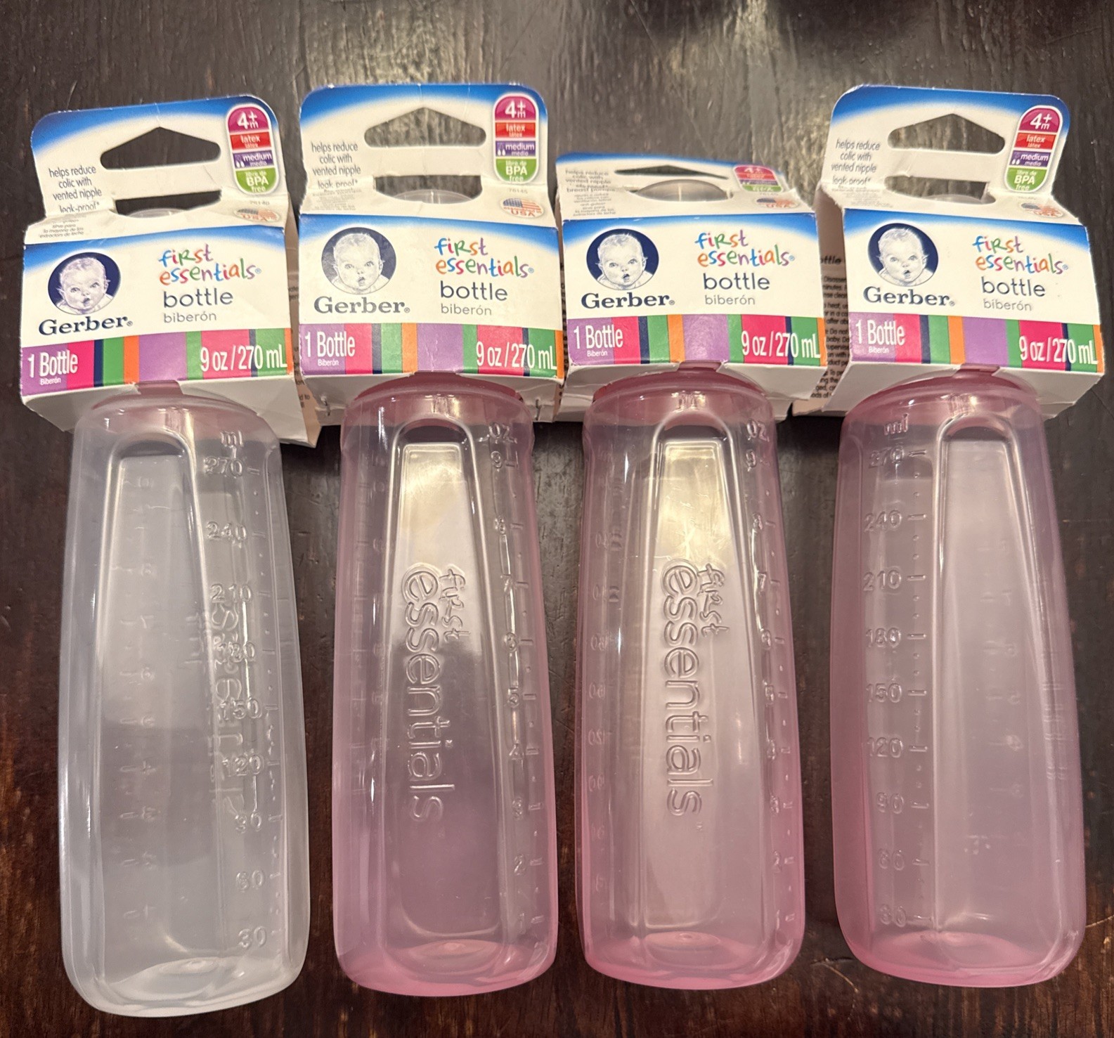 4 Gerber First Essentials Baby Bottle 4+ M Medium Latex Nipp