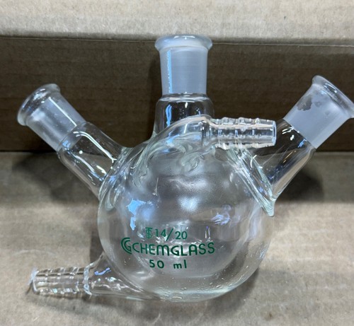 ChemGlass Heavy Walled Jacketed 50 mL Round Bottom Angled 3-Neck Flask, CG-1538