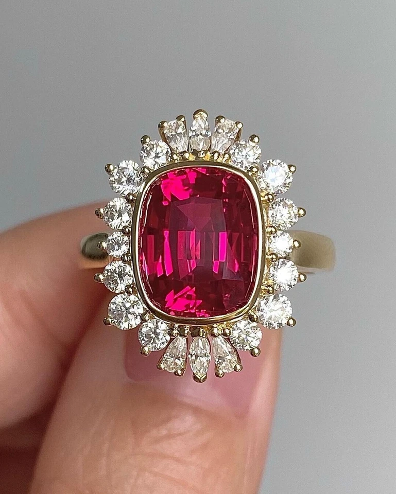 4.48 Ct Cushion Cut Natural Ruby & Diamond Engagement 14K Ring Yellow Gold Sz 8 - Image 4 of 4