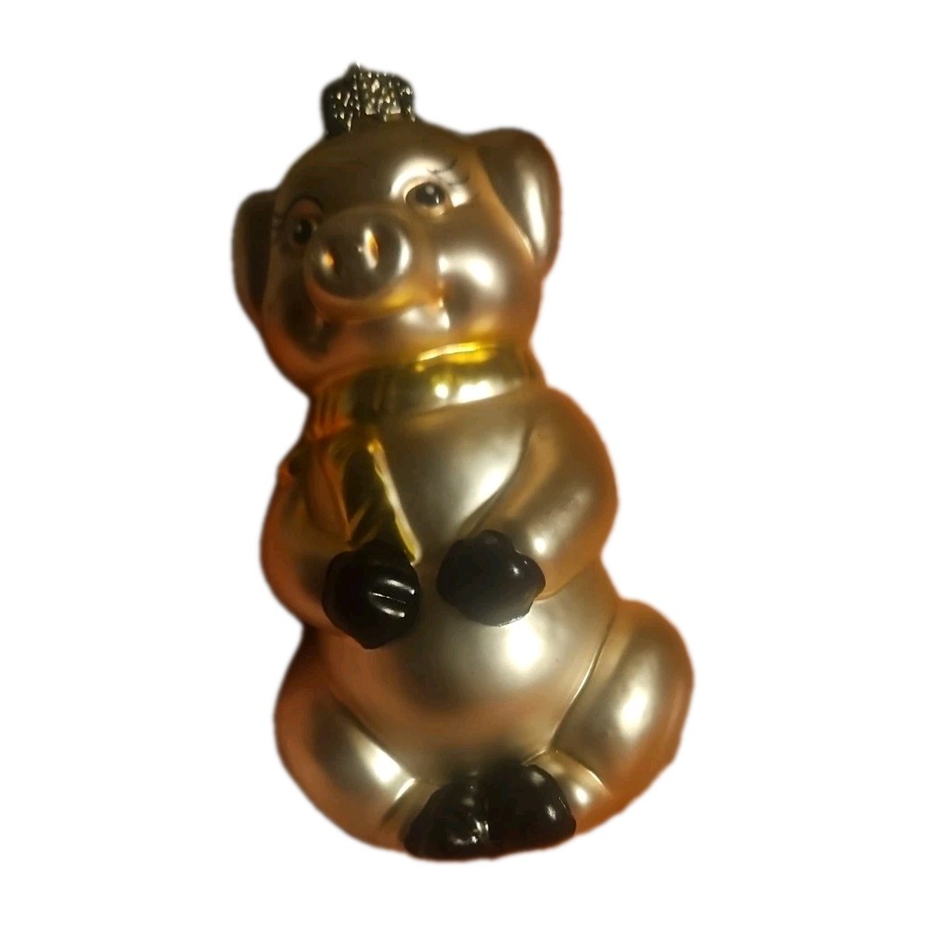 Vintage  Glass Pig Christmas Ornament,gold And Pink