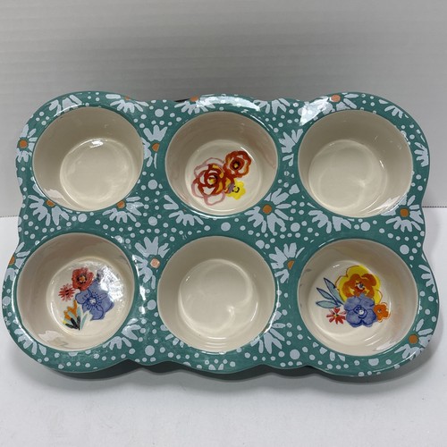 The Pioneer Woman Ceramic 6 Cup Muffin Pan Flea Market Teal Blue Florals Cupcake