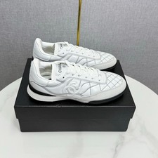 CHANEL PRE COLLECTION SNEAKERS CALFSKIN WHITE LIGHT GRAY SIZE 37