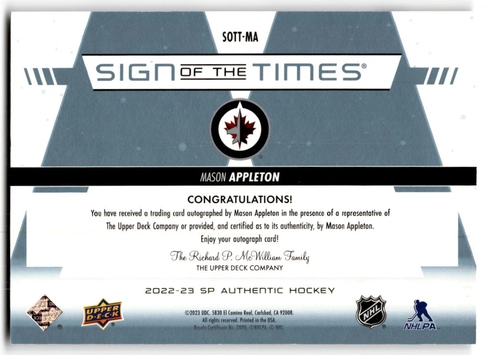 2022-23 SP Authentic Sign of the Times Mason Appleton Auto #SOTT-MA Winnipeg - Image 2 of 2