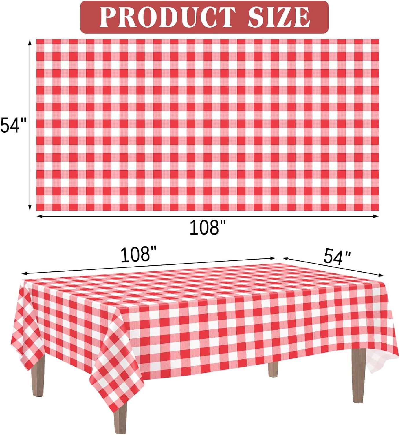 2 Pack Red Gingham Tablecloth, 54 X 108 Inches Red and White Checkered Tableclot