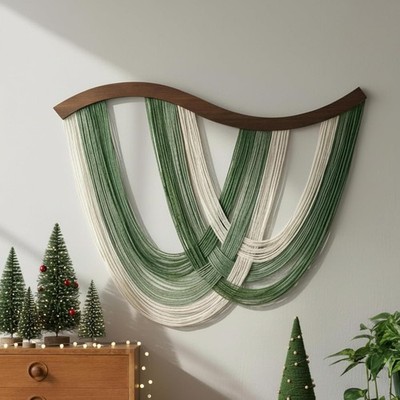 Macrame Wall Hanging Dip Dyed Green Boho Decor, Modern Art Vertical Yarn Wall