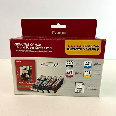 Canon Genuine PGI-220BK/CLI-221 Ink Set BK/C/M/Y + 4x6 Photo Paper 50