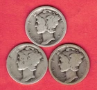 THREE MERCURY DIMES:  1919-P, 1920-P, 1920-D, .217 Troy Oz ASW ~ $18 SILVER