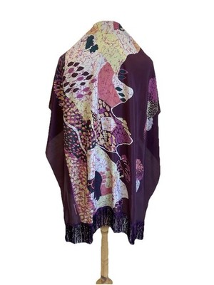 AS#Helena Rubinstein Vintage Batik Print Silk Scarf Purple Abstract Fringe Shawl