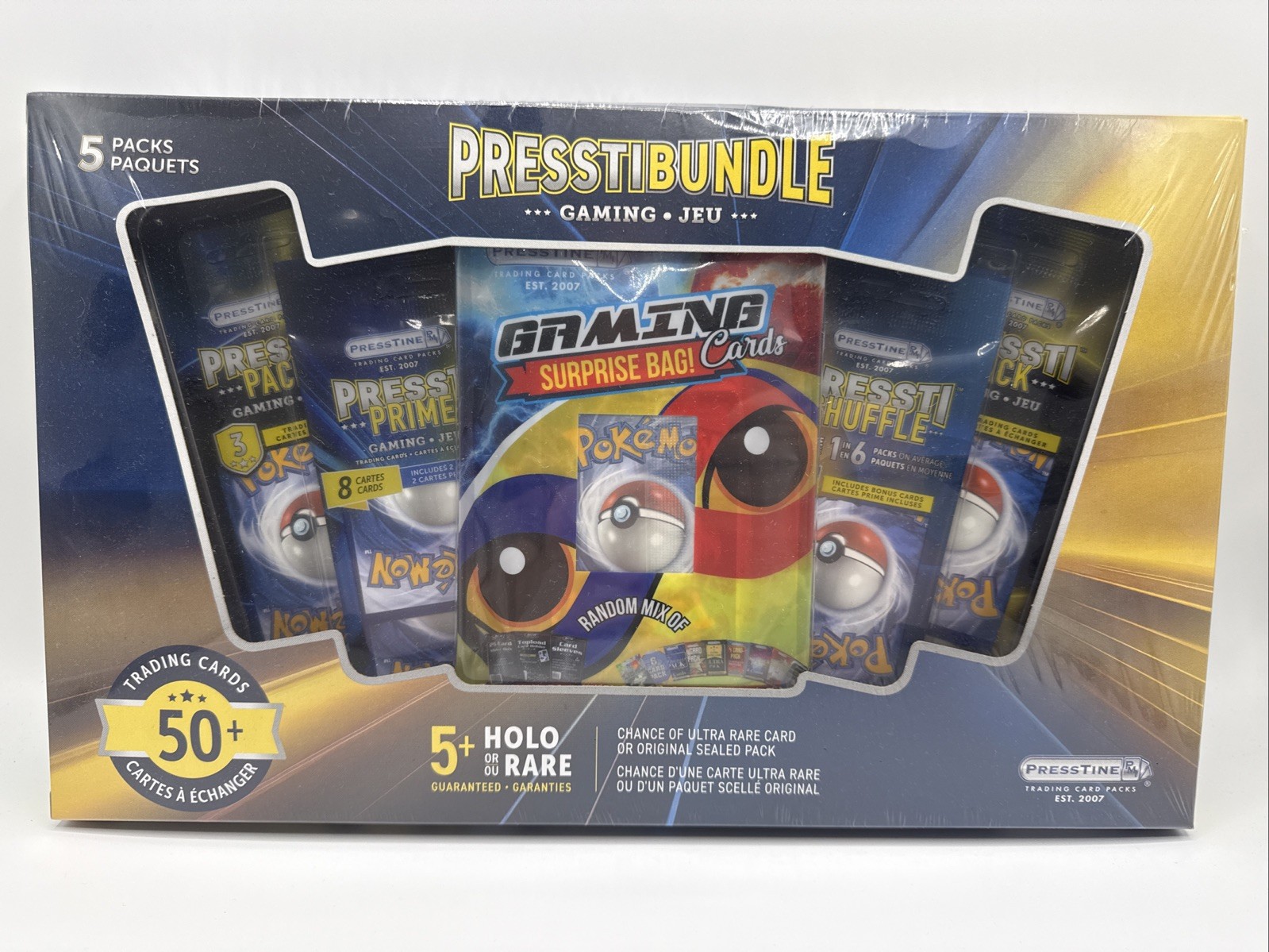 Presstibundle Pokémon Card Bundle 5 Packs 50+ Cards 5+ Holo or Rare Sealed Box