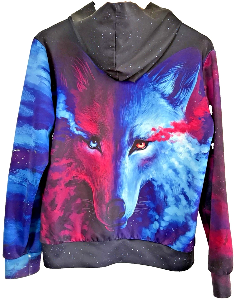 Moletom com capuz Cosmic Wolf azul rosa roxo azul tamanho pequeno bolsos com capuz - Imagem 3 de 4