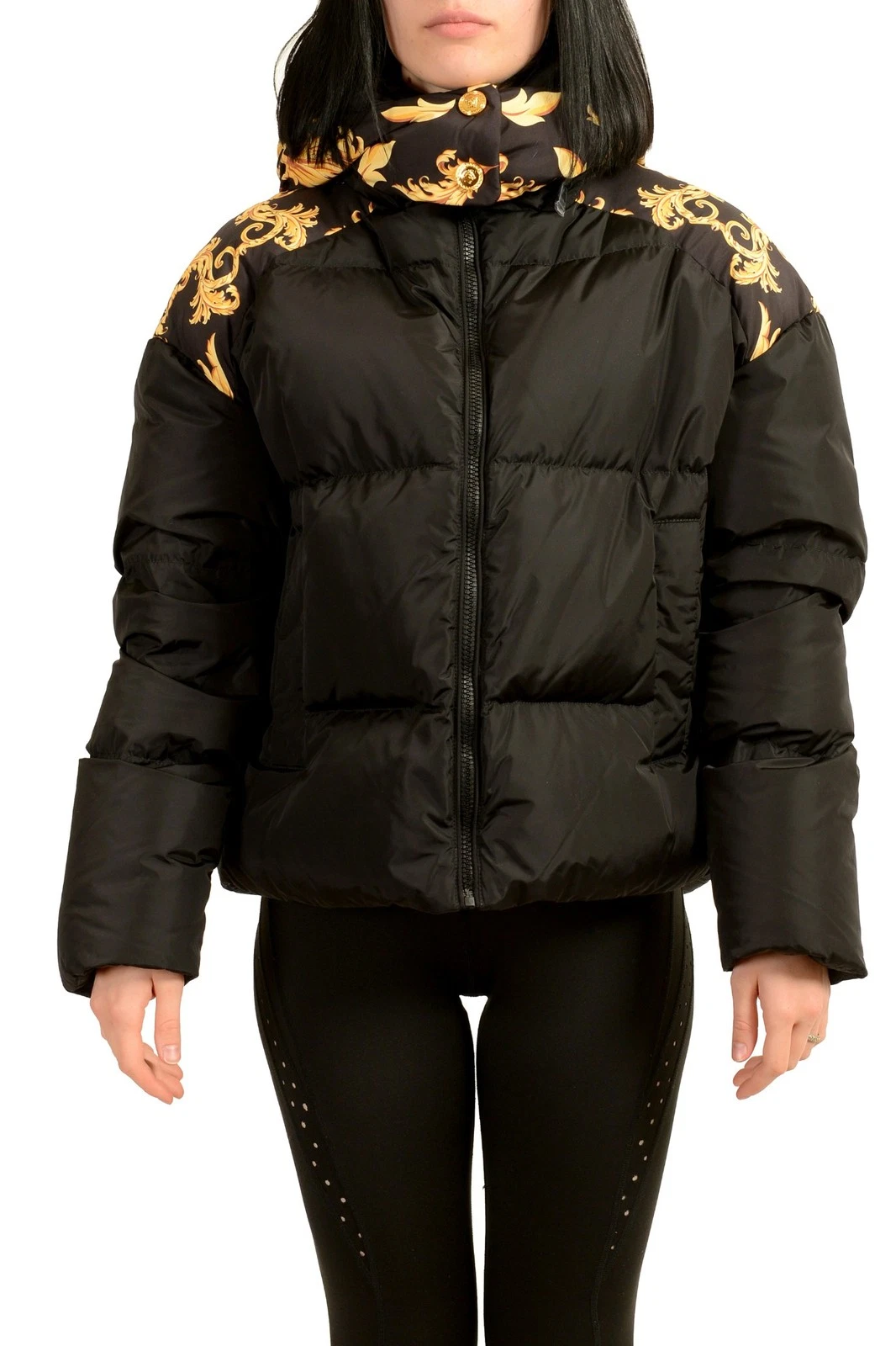 Versace — Versace Women's Black & Barocco Print Hooded Down Parka Jacket US M IT 42